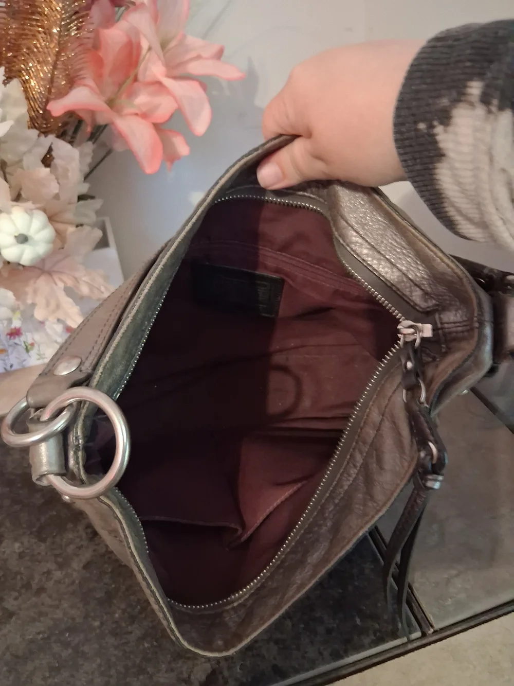Coach Metallic Silver Leather Shoulder Bag with Logo Tag